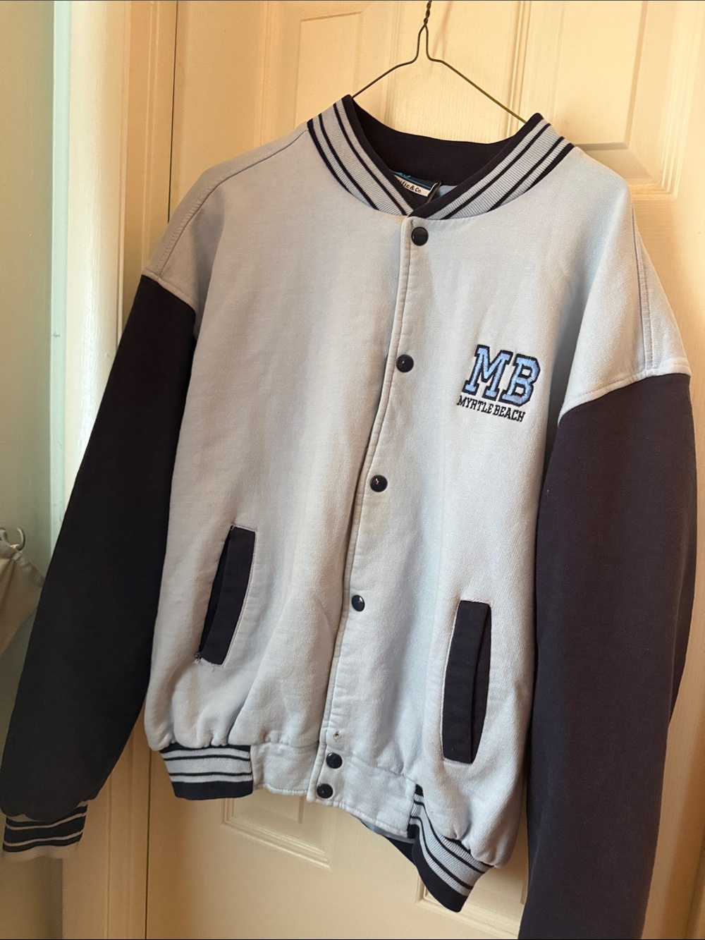 Myrtle Beach MB Two-Tone Varsity Jacket in Light Gray & Navy